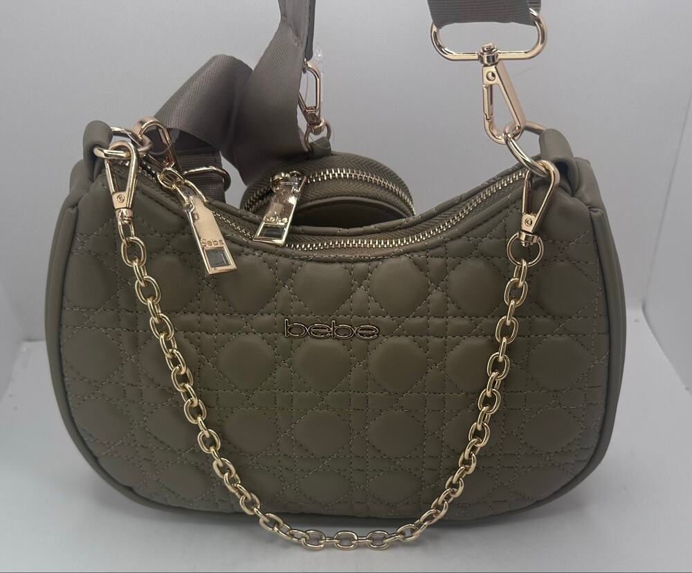 Bebe Mara Quilted Crossbody Shoulder Bag with Coin Purse Olive Green Gold Chain
